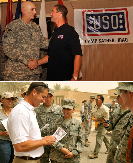 Ravens coach John Harbaugh meets Army Gen. Ray Odierno (top) and mingles with troops during a 2009 USO Tour. USO photo