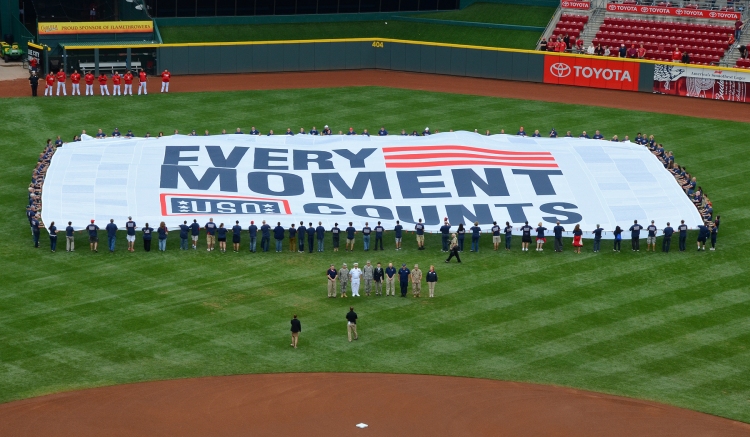 The USO's Every Moment Counts flag is displayed at The Great American Ballpark in Cincinnati on Sept. 11. USO photo by Mike Theiler