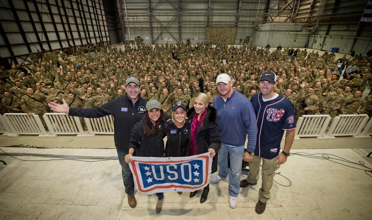 Actor/comedian Rob Riggle, actress Megan Markle, country music star Kellie Pickler, actress Dianna Agron, eight-time Pro Bowler Brian Urlacher and Washington Nationals pitcher Doug Fister went on this December's USO Chairman's Holiday Tour. USO photo by Dave Gatley
